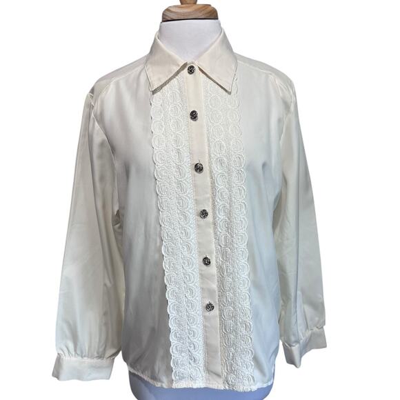 Vtg Lauren Lee Women's 14 Ivory Polyester Satin Embroidered Button Down Blouse - Picture 1 of 6